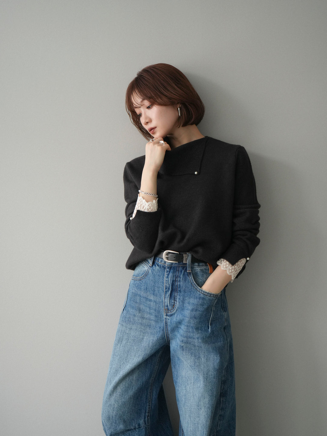 [予約]袖レースパール付き配色ニットトップス/darkbrown