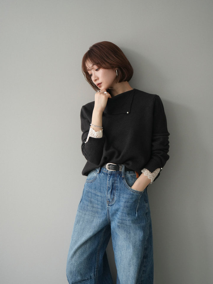 [予約]袖レースパール付き配色ニットトップス/darkbrown