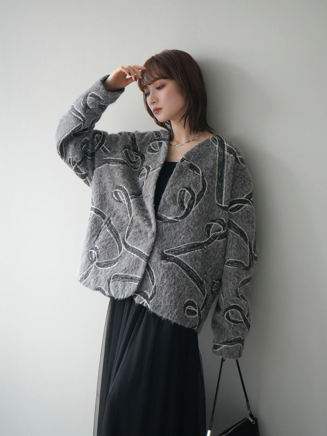 [予約]ニュアンス刺繍ブークレニットジャケット/gray