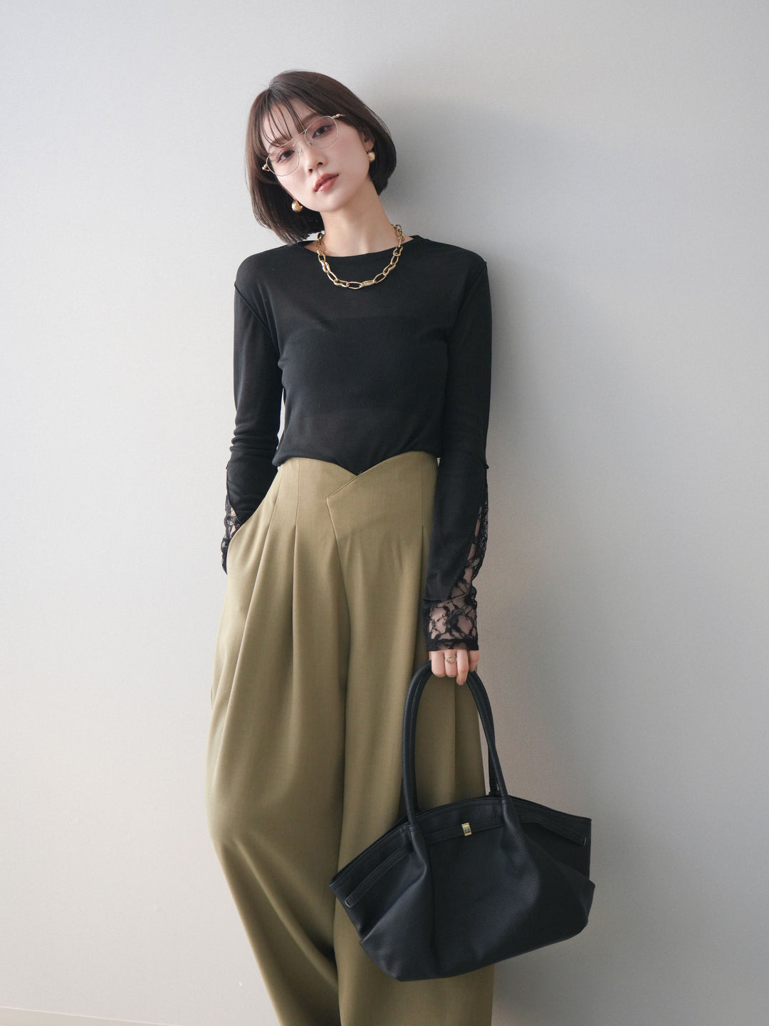 [SET]袖レースレイヤードデザインメロートップス+選べるアクセセット(2set)