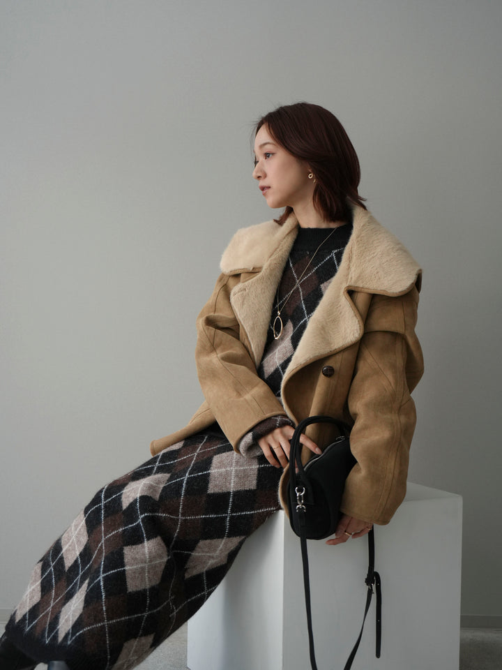 [SET]アーガイルニットプルオーバー&ロングスカートSET UP+ムートンショートジャケット(2set)