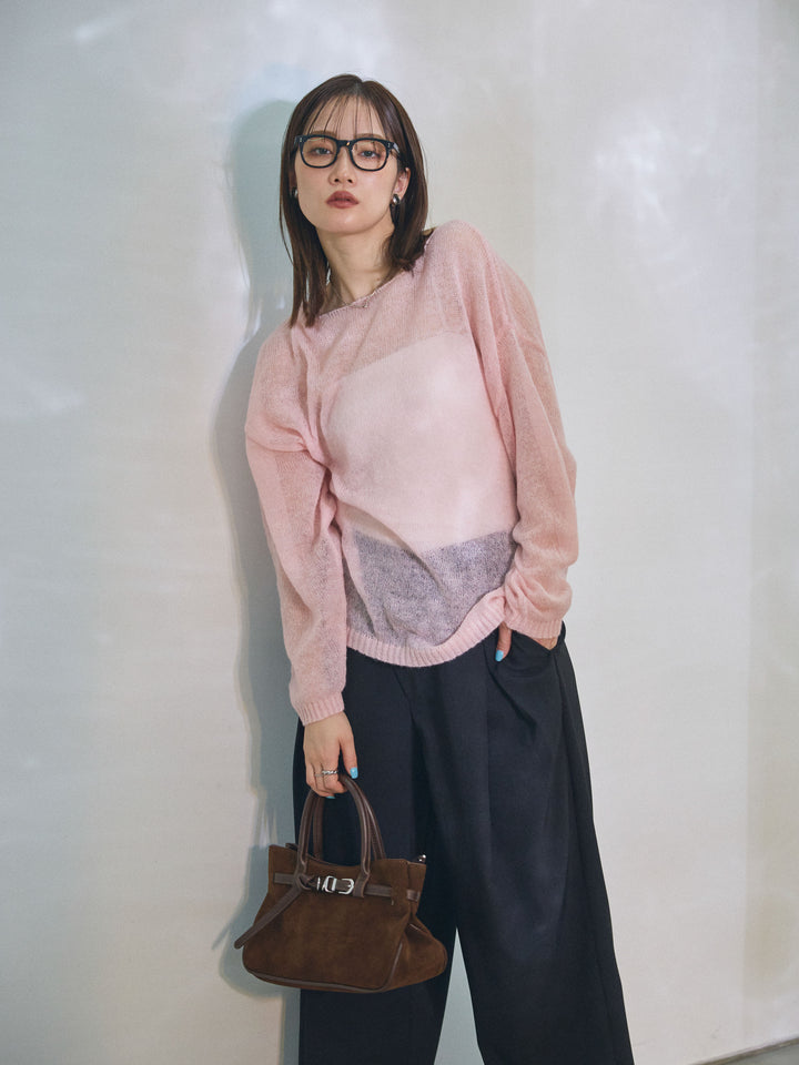 [予約]モヘアタッチ透かし編みボートネックニットプルオーバー/pink
