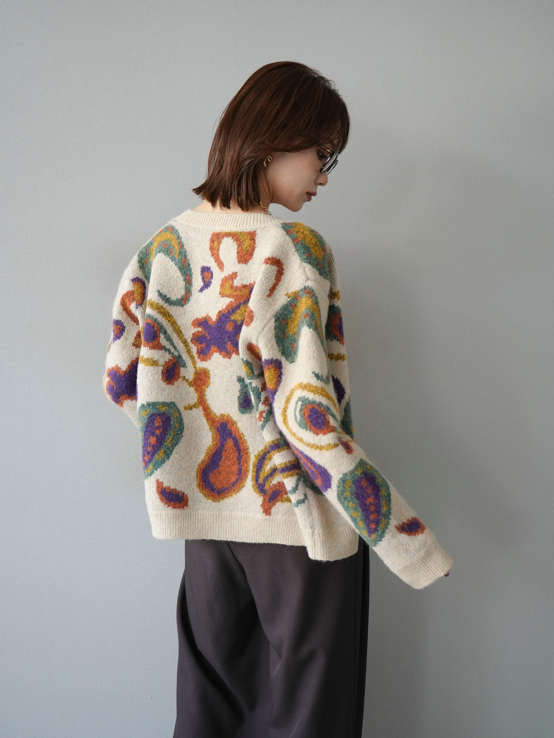 [予約]ミックスヤーンペイズリー柄ニットカーディガン/アイボリー
