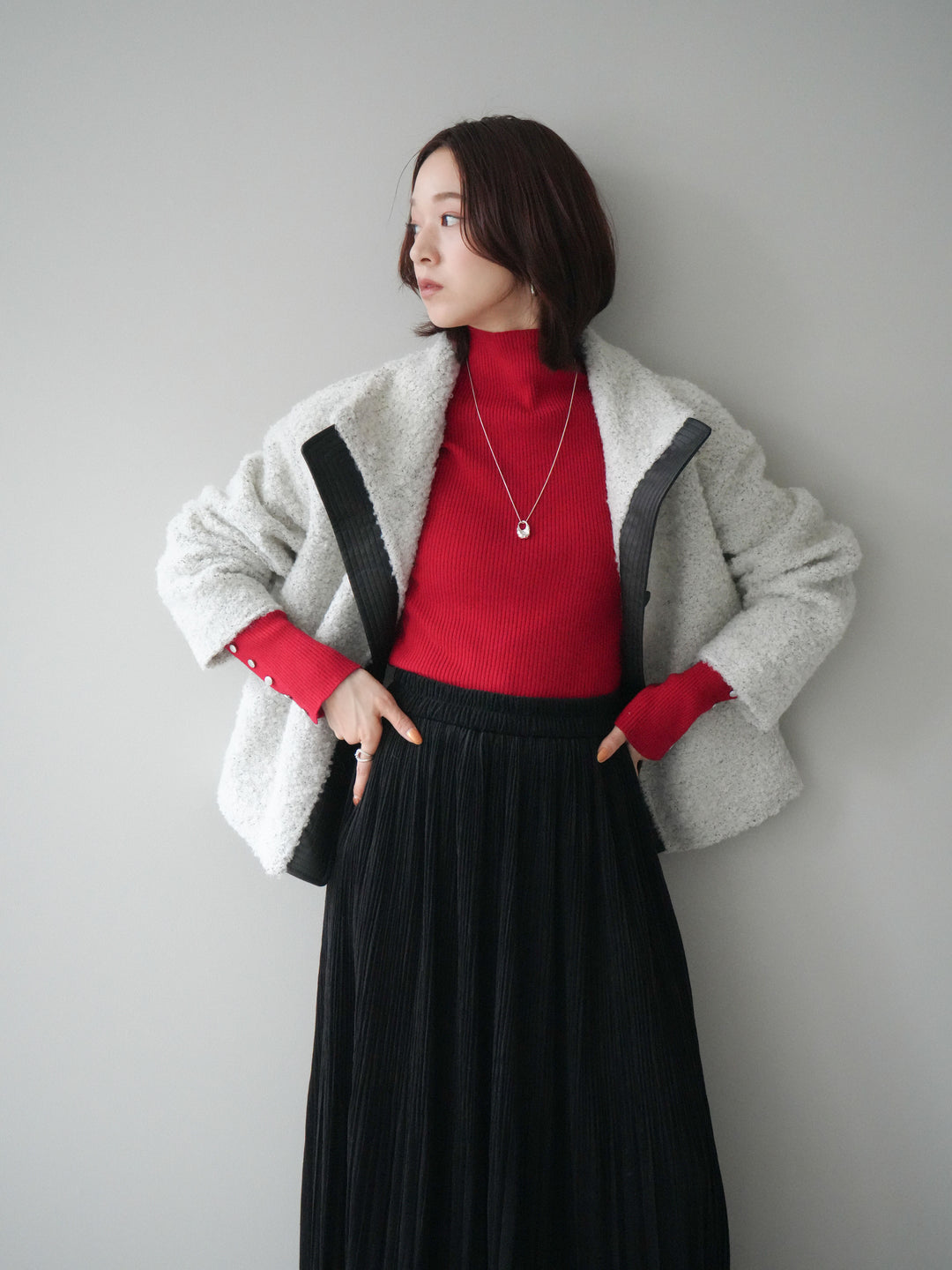 [SET]レザー切替ブークレブルゾン+裾レーススウェードプリーツマキシスカート(2set)