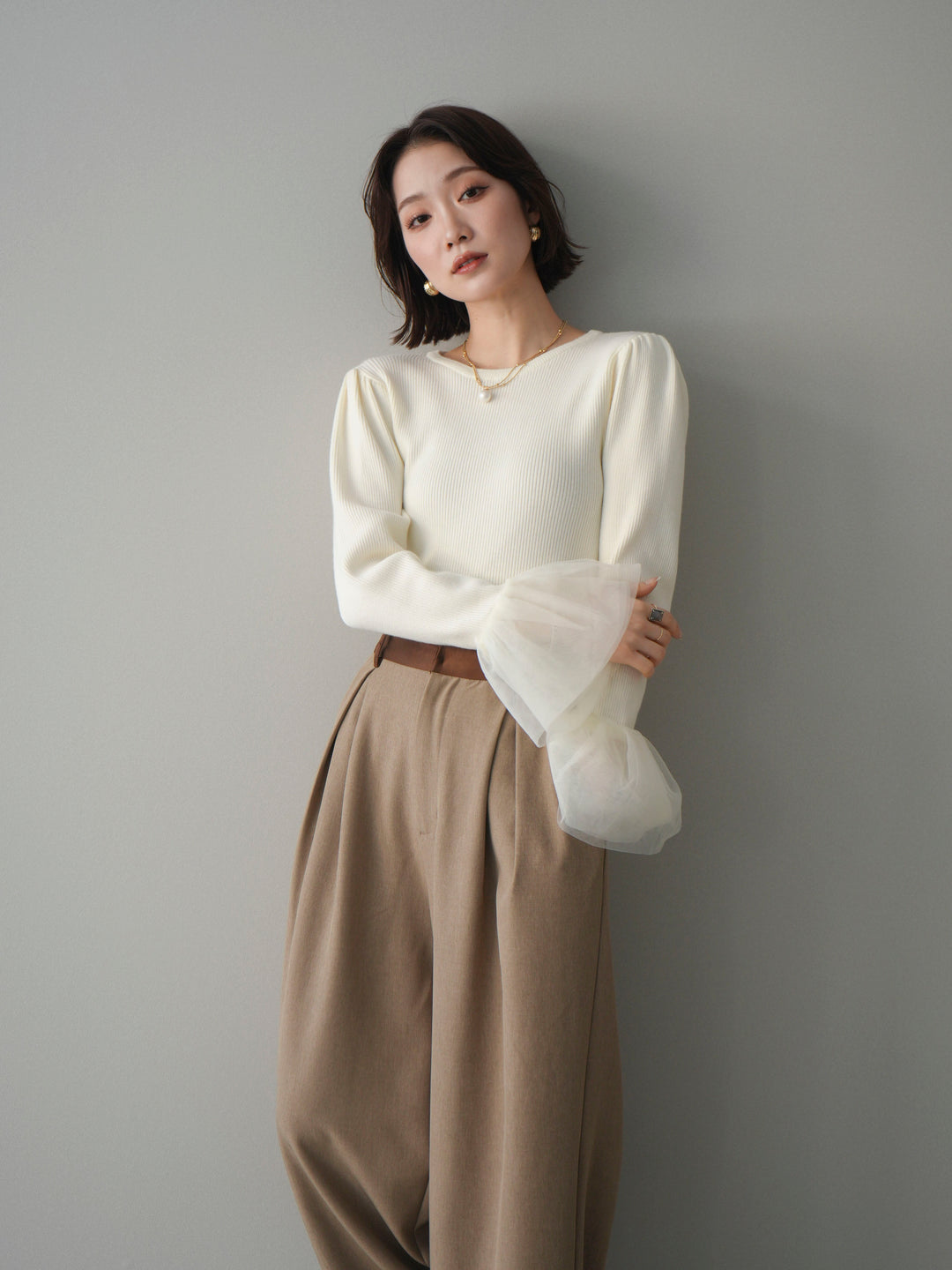 [SET]袖チュールパワショルリブニットトップス+選べるアクセセット(2set)