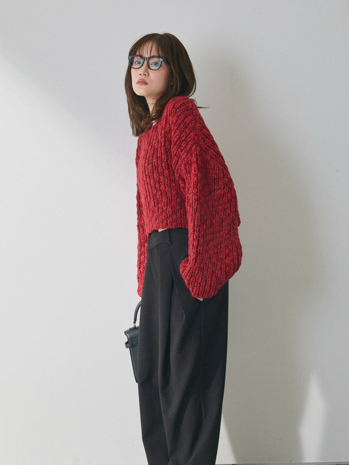 【Allure】[SET]クロップドチャンキースラブニットプルオーバー+アシンメトリーウエストタックパンツ(2set)