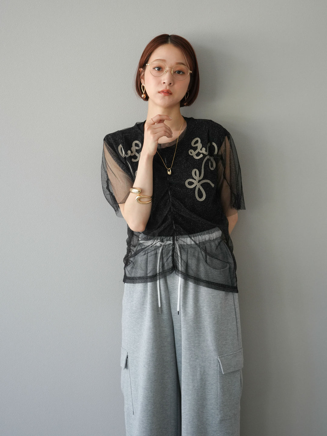 [SET]ラメチュールシャーリングプルオーバー+コード刺繍フレンチスリーブTシャツ(2set)