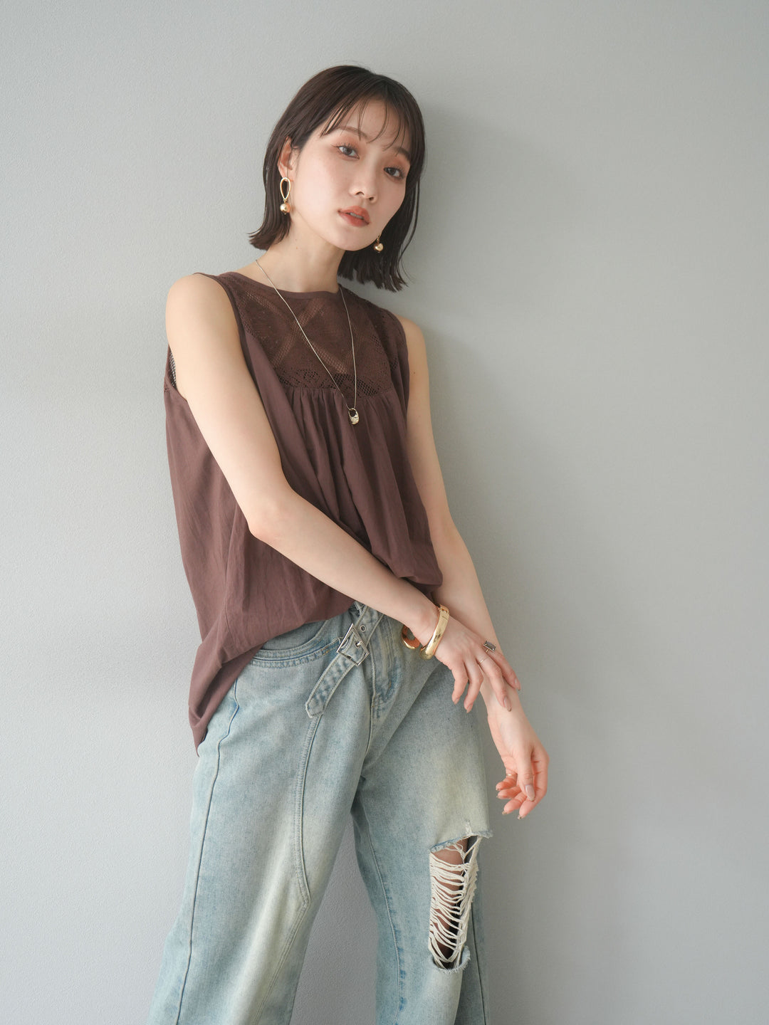 [予約]インド製コットンレース切替ノースリブラウス/ブラウン