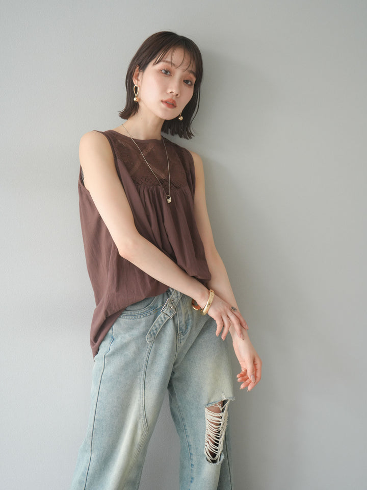 [予約]インド製コットンレース切替ノースリブラウス/ブラウン