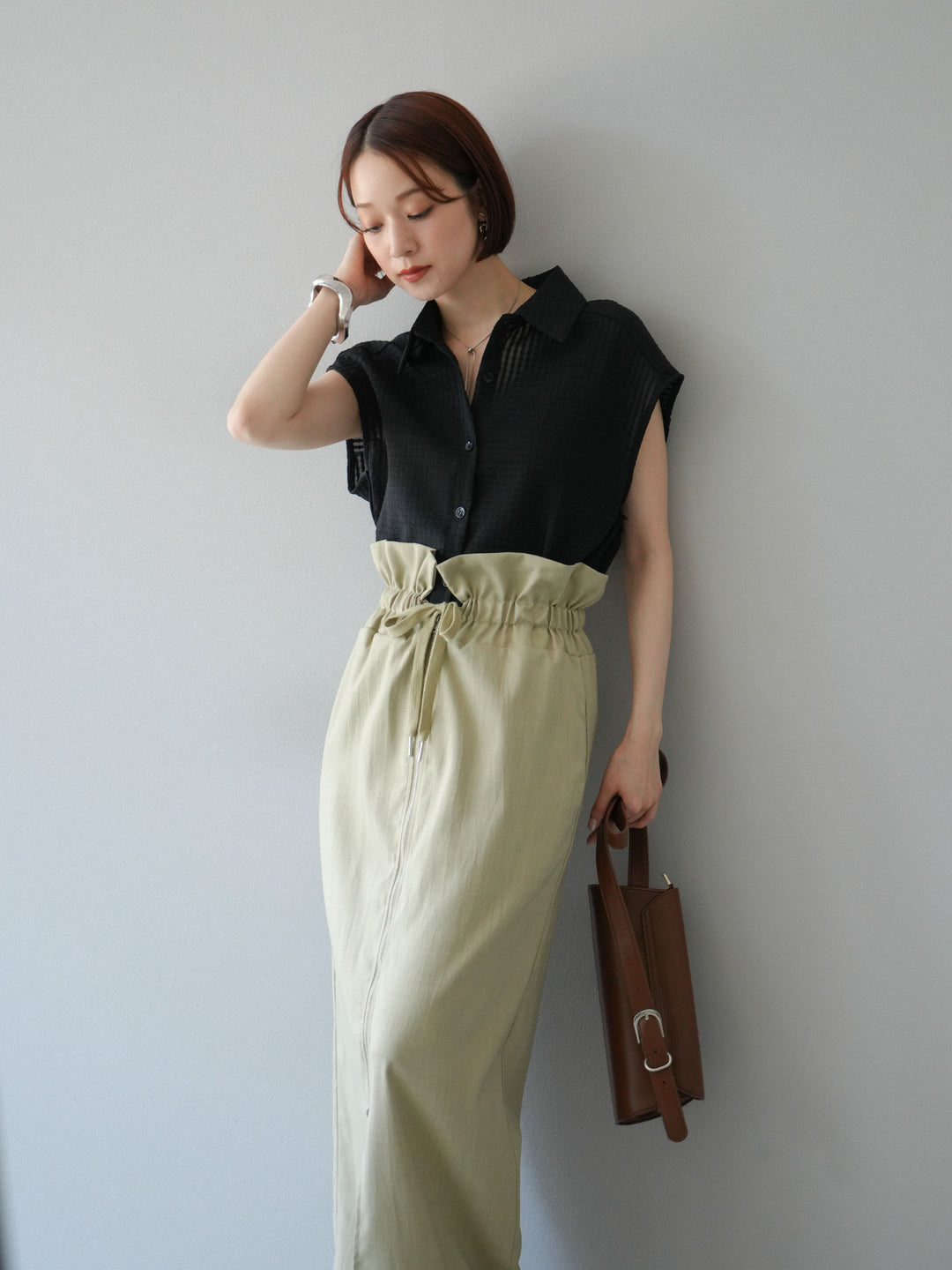 [SET]シアーチェックノースリーブシャツ+ヘザーエステルギャザージップスカート(2set)