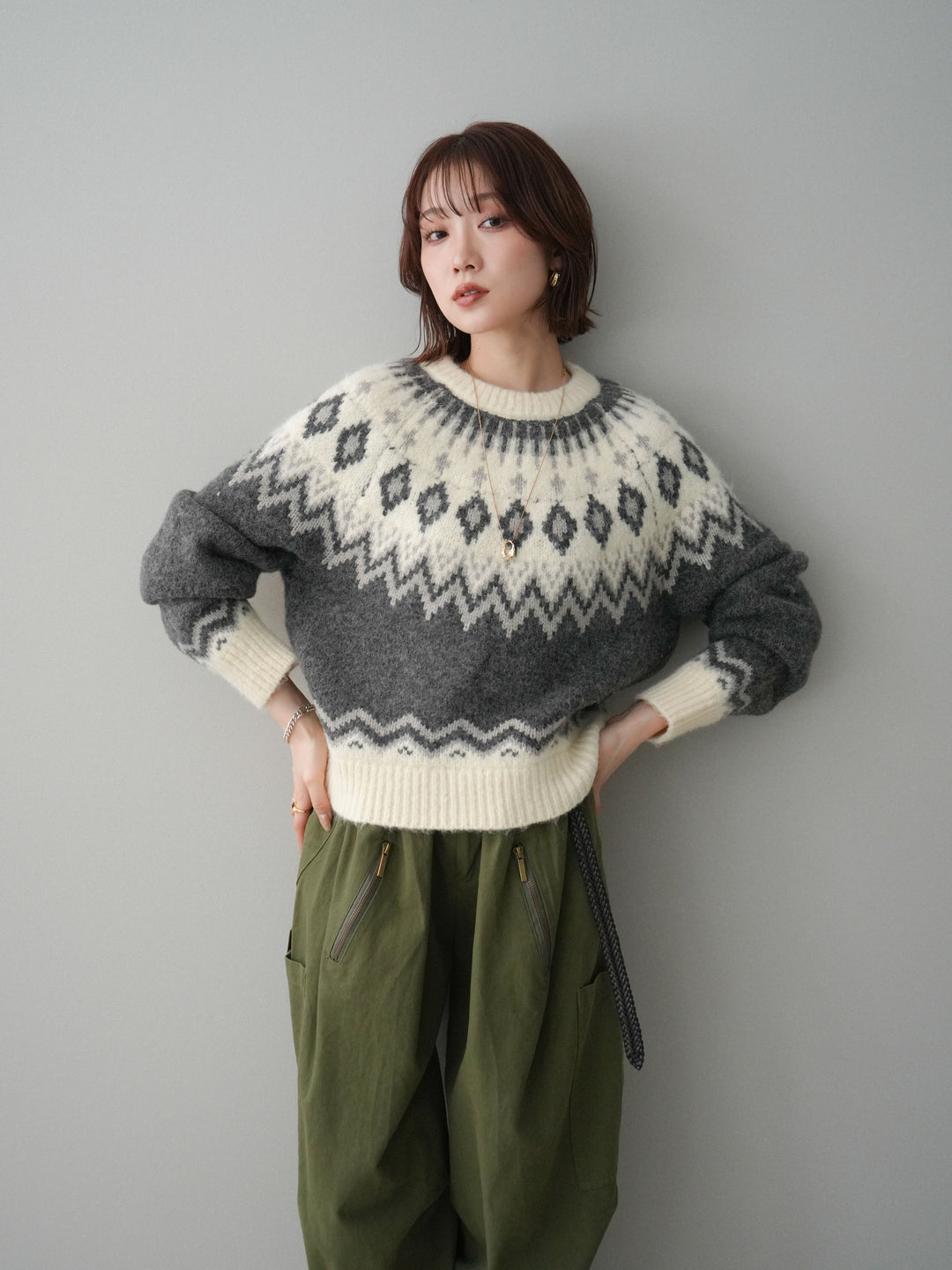 [予約]ノルディック柄ニットプルオーバー/gray