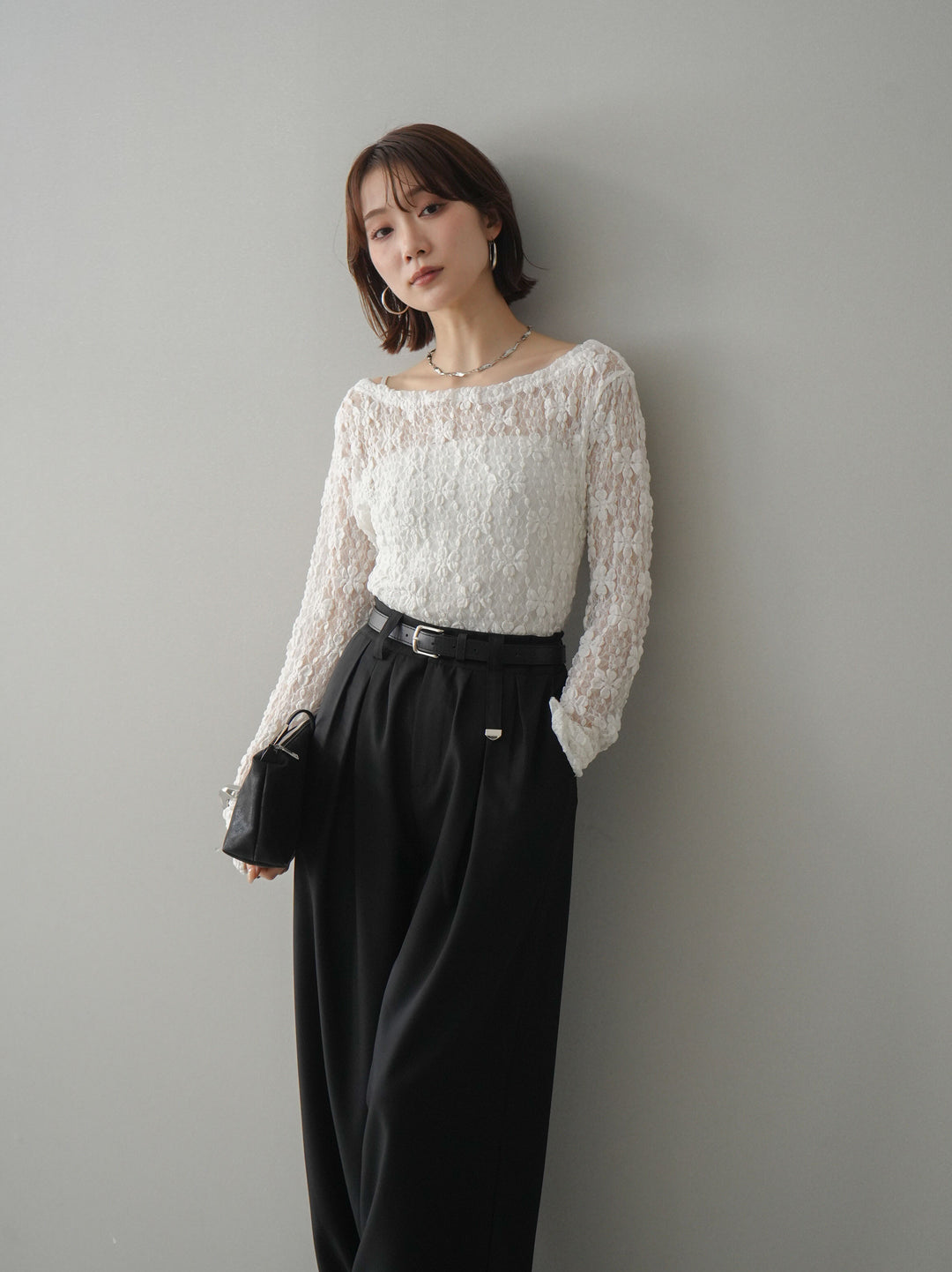 [SET]サイドギャザーレーストップス+ベルト付キーホルダーモチーフワイドパンツ(2set)