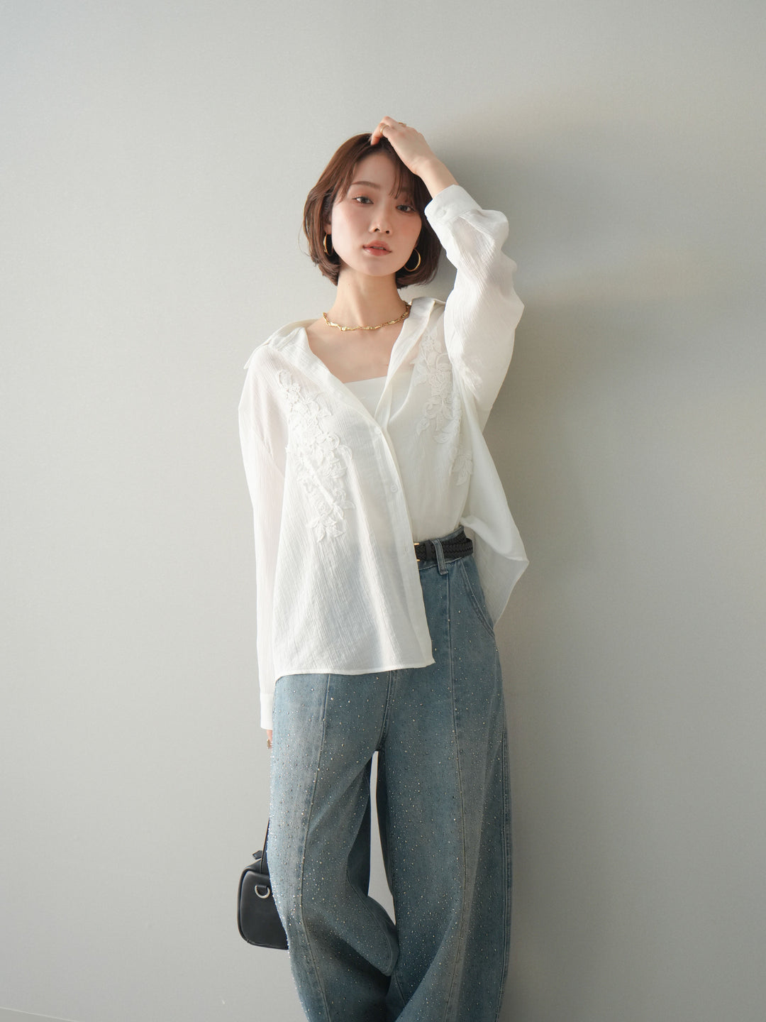 [SET]楊柳刺繍ブラウス+フロントビジューカーブデニムパンツ(2set)