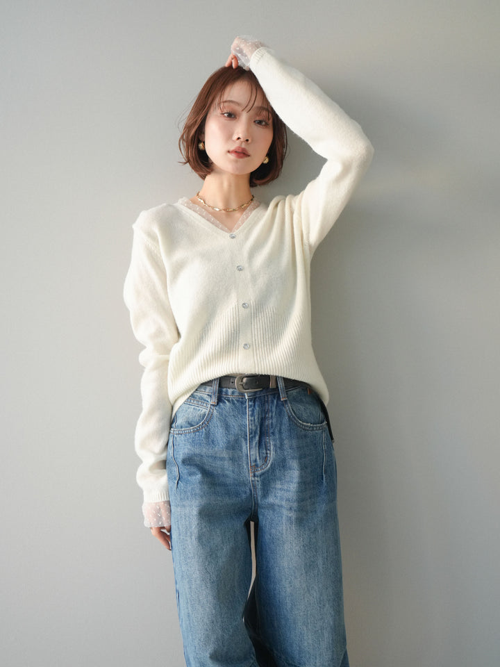 [SET]ドットチュールレイヤードボタンニットトップス+選べるアクセセット(2set)