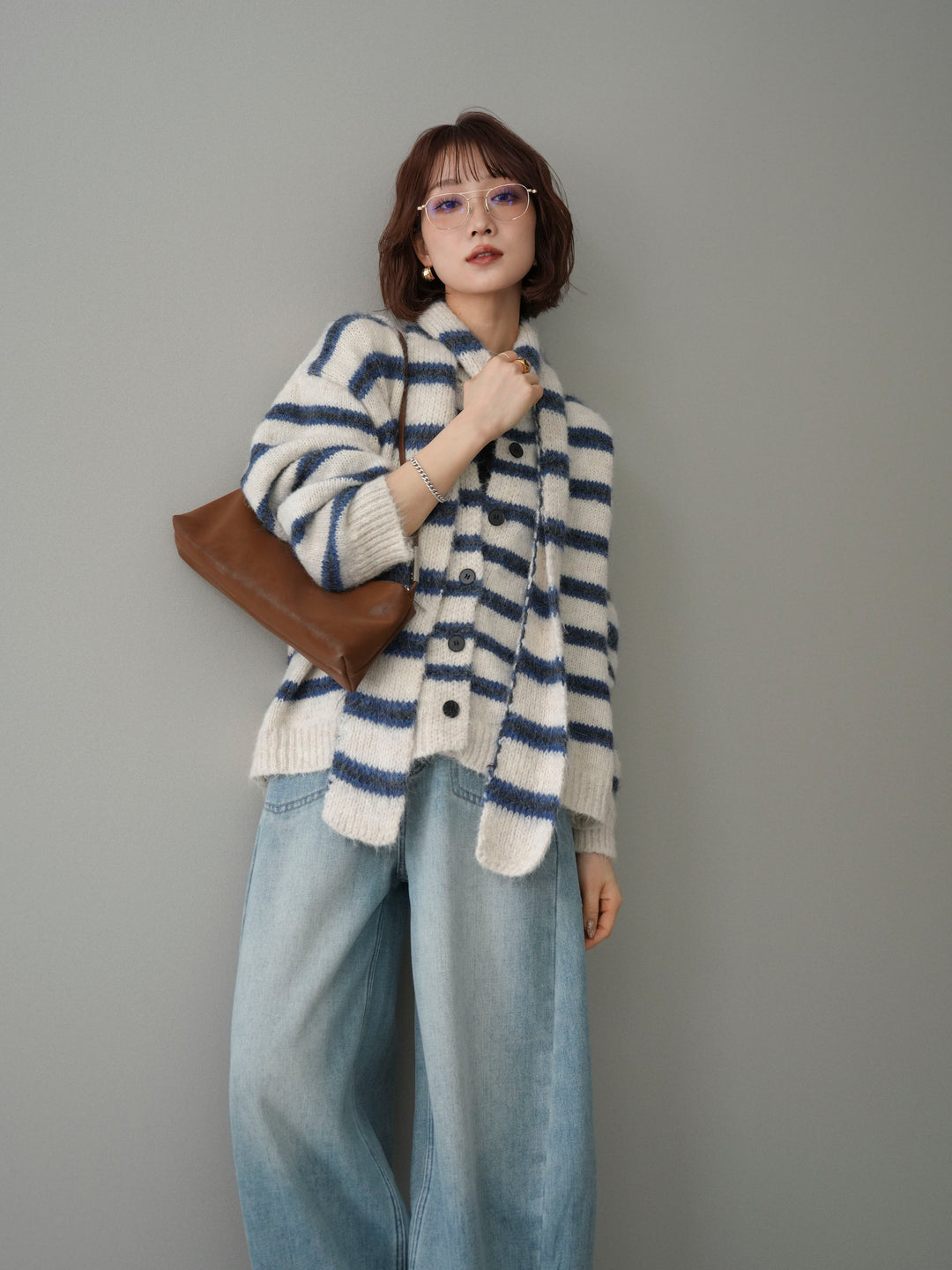 [SET]ボウタイ付きボーダーニットプルオーバー+選べるアクセセット(2set)