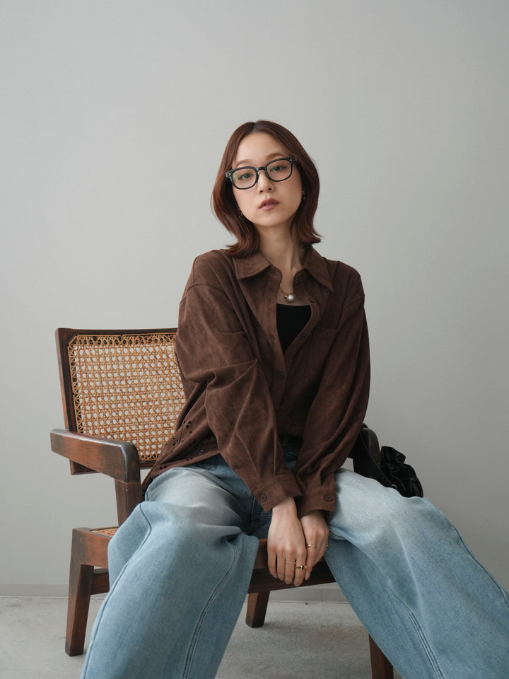 [SET]裾スカラップスエードシャツ+ベルト付裏起毛カーブデニムパンツ(2set)