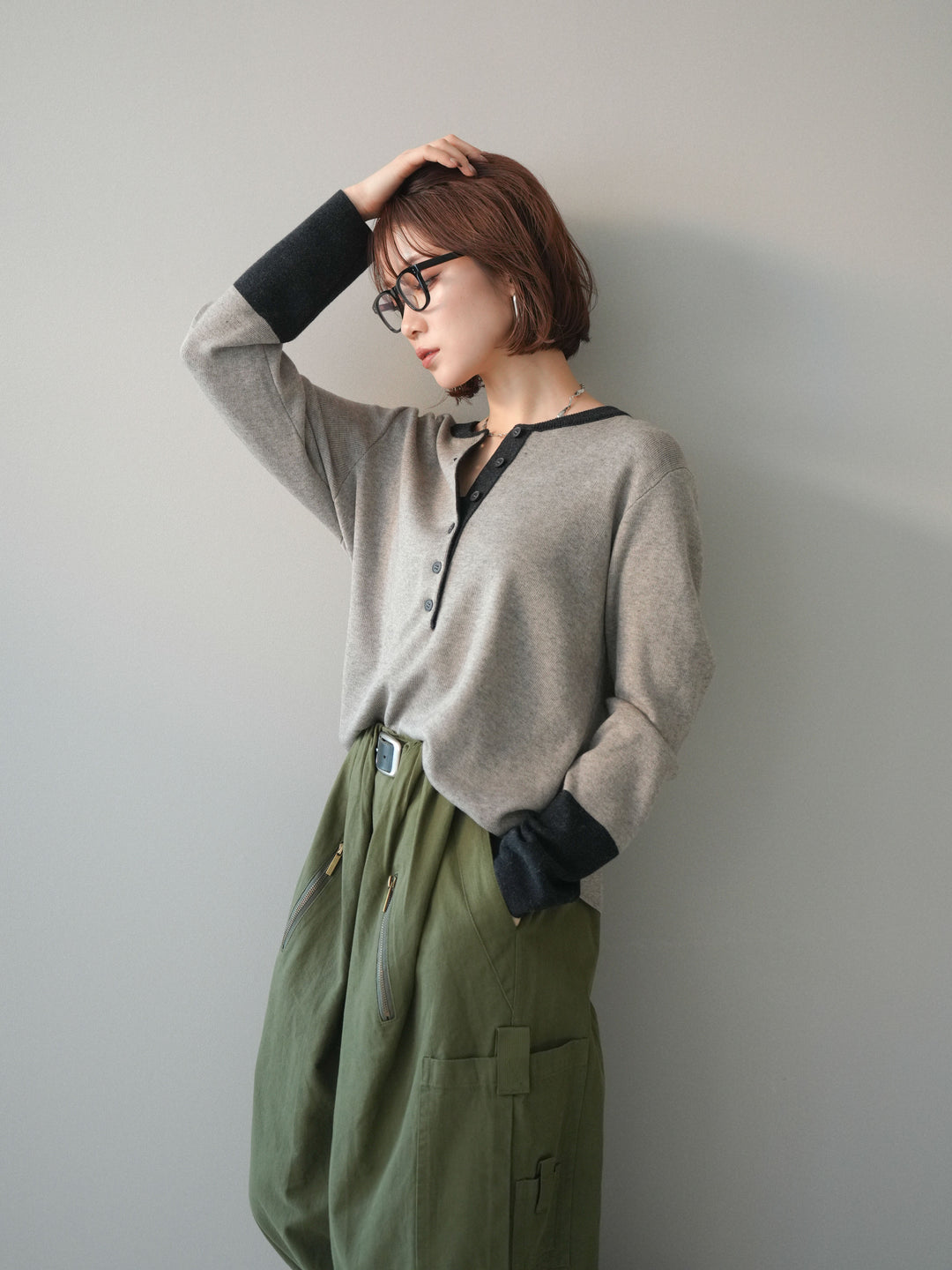 [SET]ヘンリーネック配色ニットソー+ヘンリーネック配色ニットソー(2set)