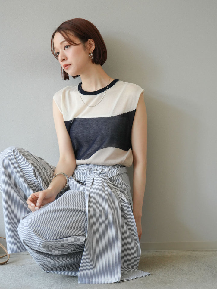 [SET] 雙色透視針織無袖上衣 + 條紋束腰休閒褲 (2set)