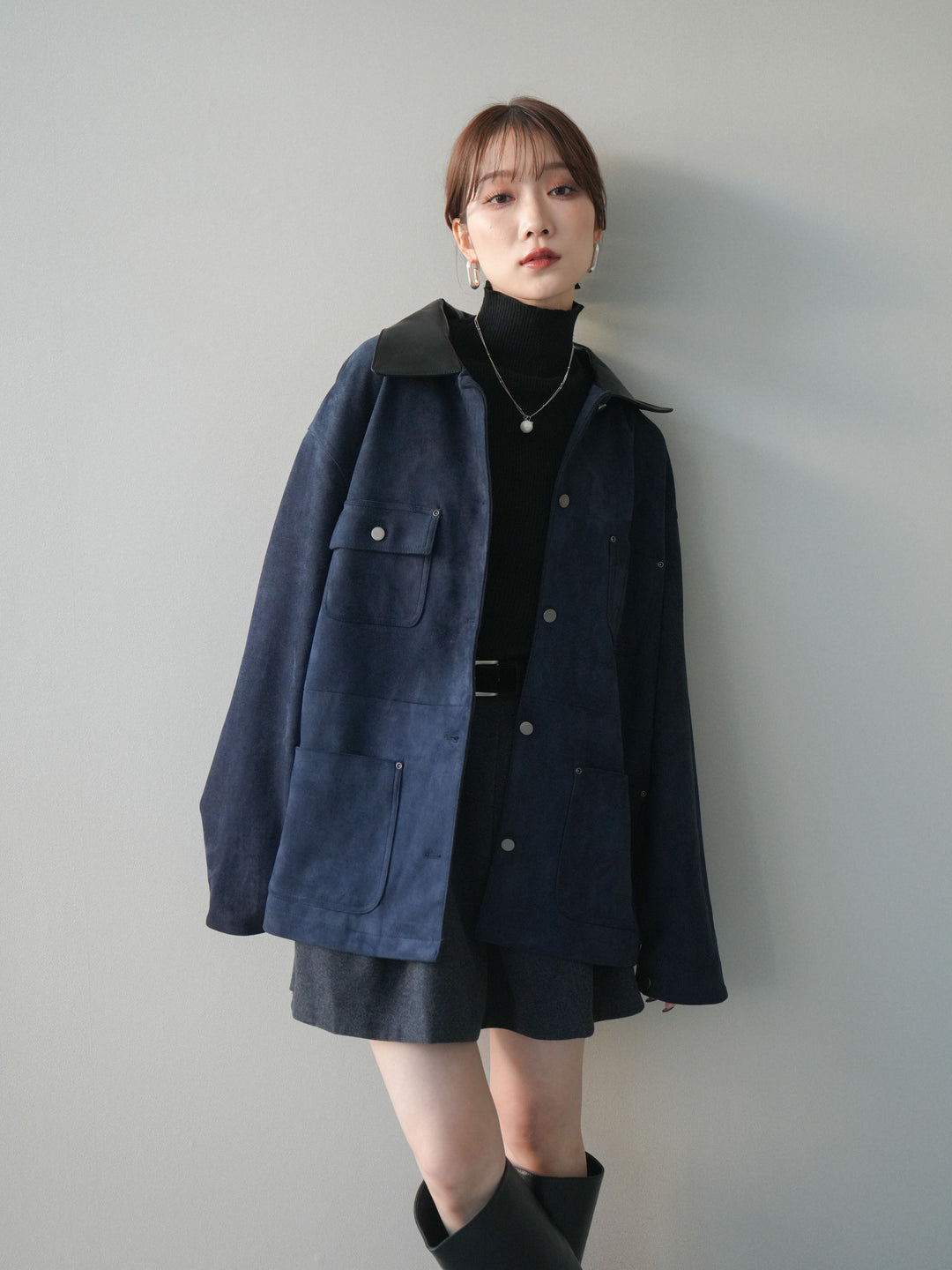 [SET]襟レザーステンカラースエードジャケット+襟レザーステンカラースエードジャケット(2set)