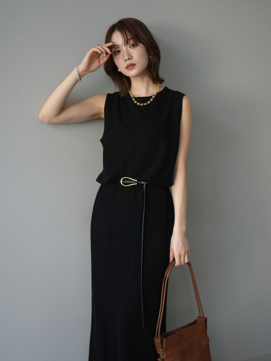 [予約]メッシュ切替ノースリーニットワンピース/black