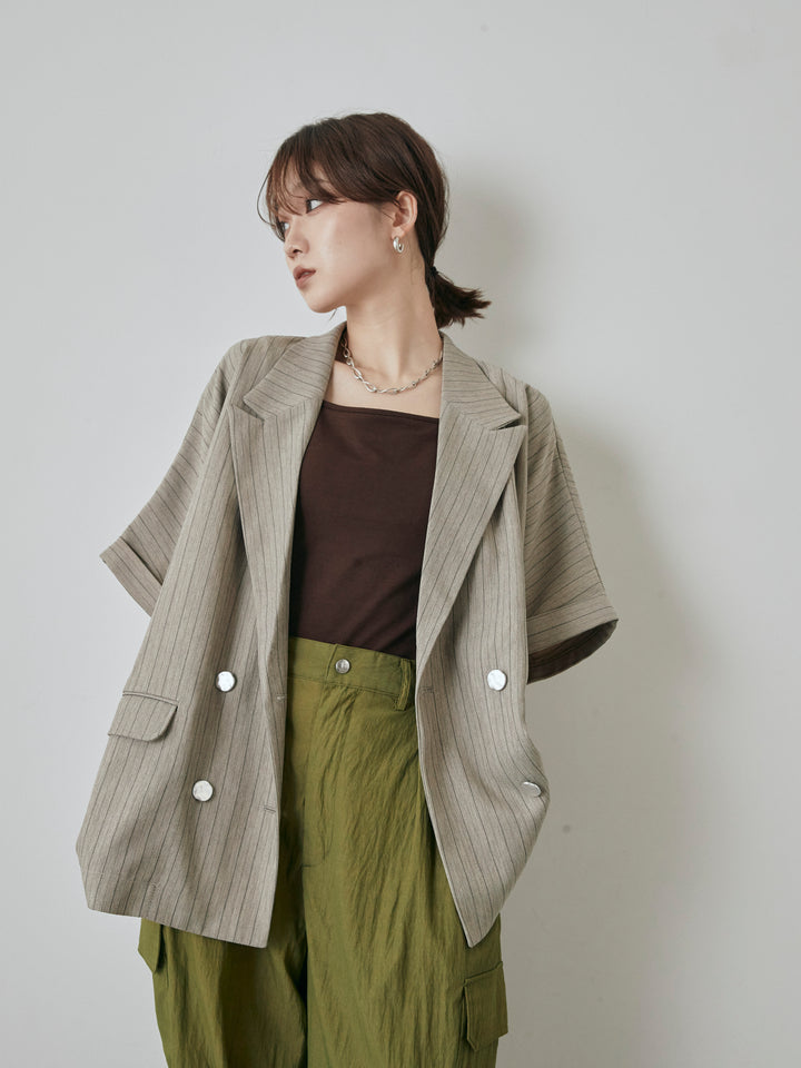 [予約]バックオーガンジーヘリンボーンストライプハーフジャケット/グレージュ