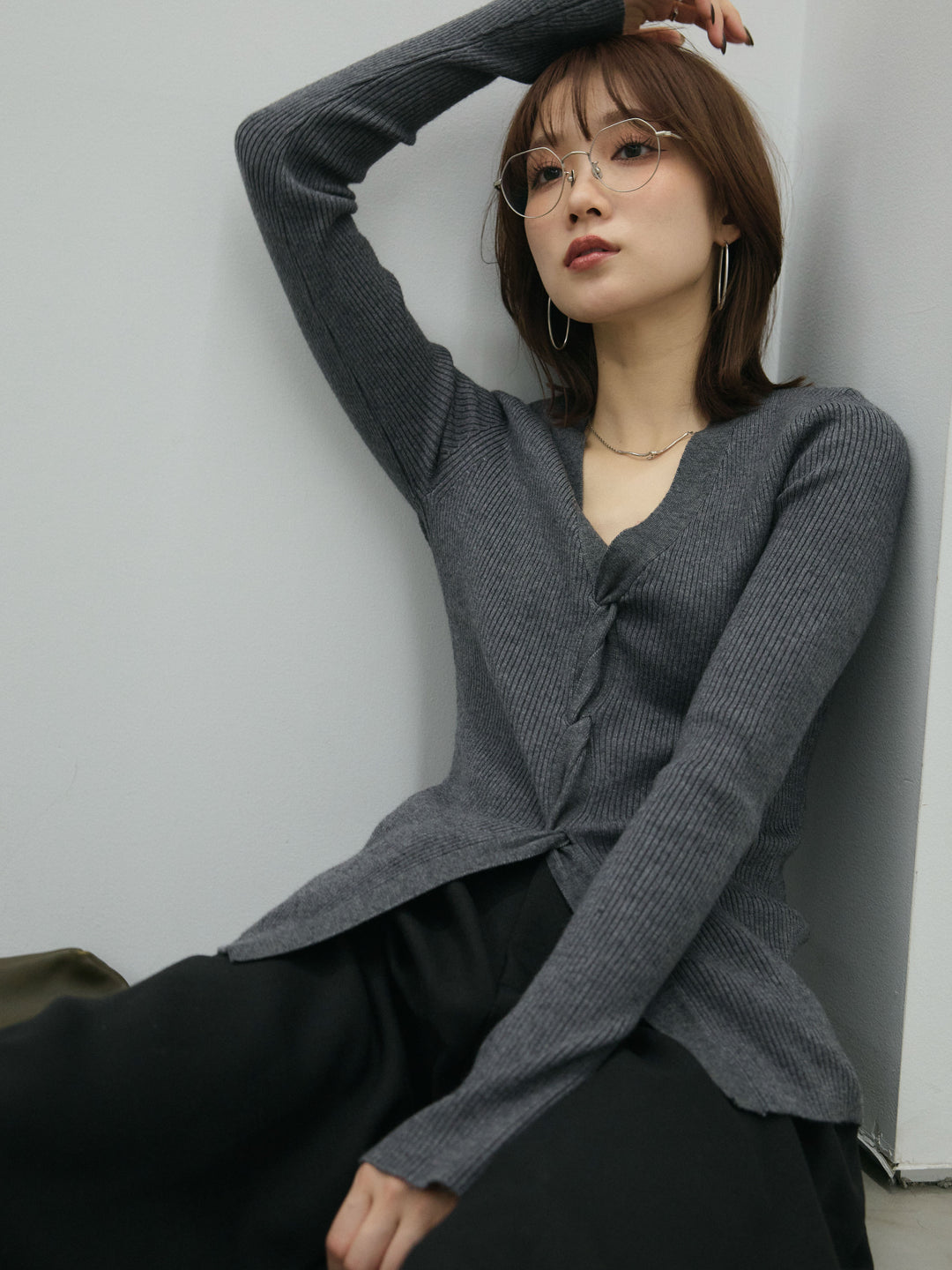 [予約]フロントツイストリブニットトップス/gray
