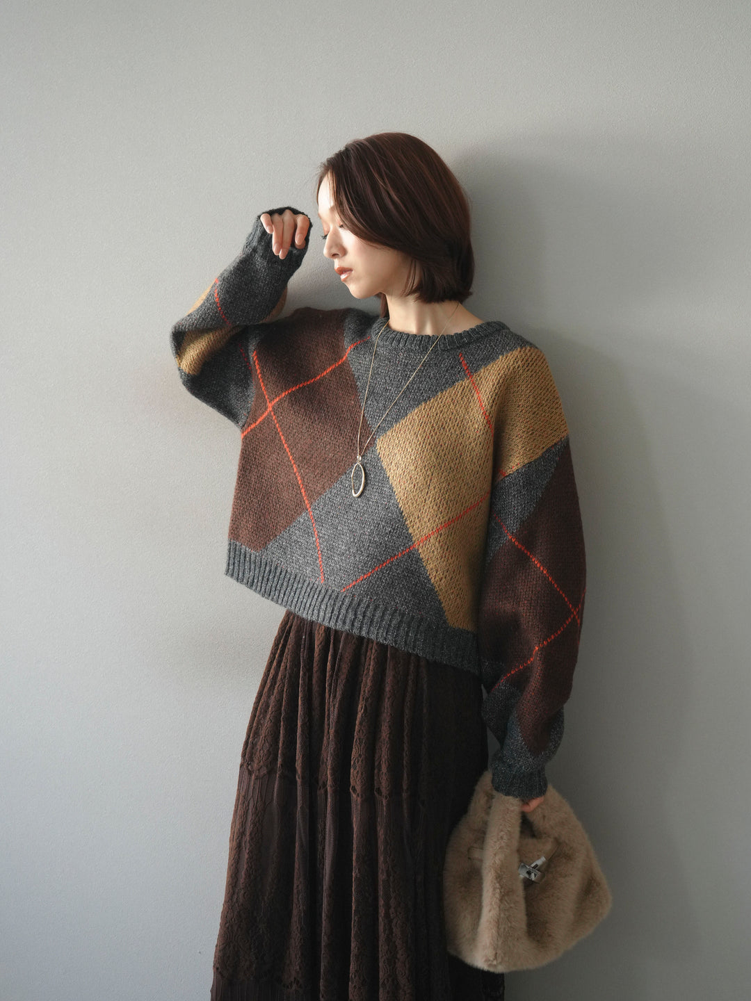 [SET]配色ステッチアーガイル柄ニットプルオーバー+ヴィンテージライクメッシュレーススカート(2set)