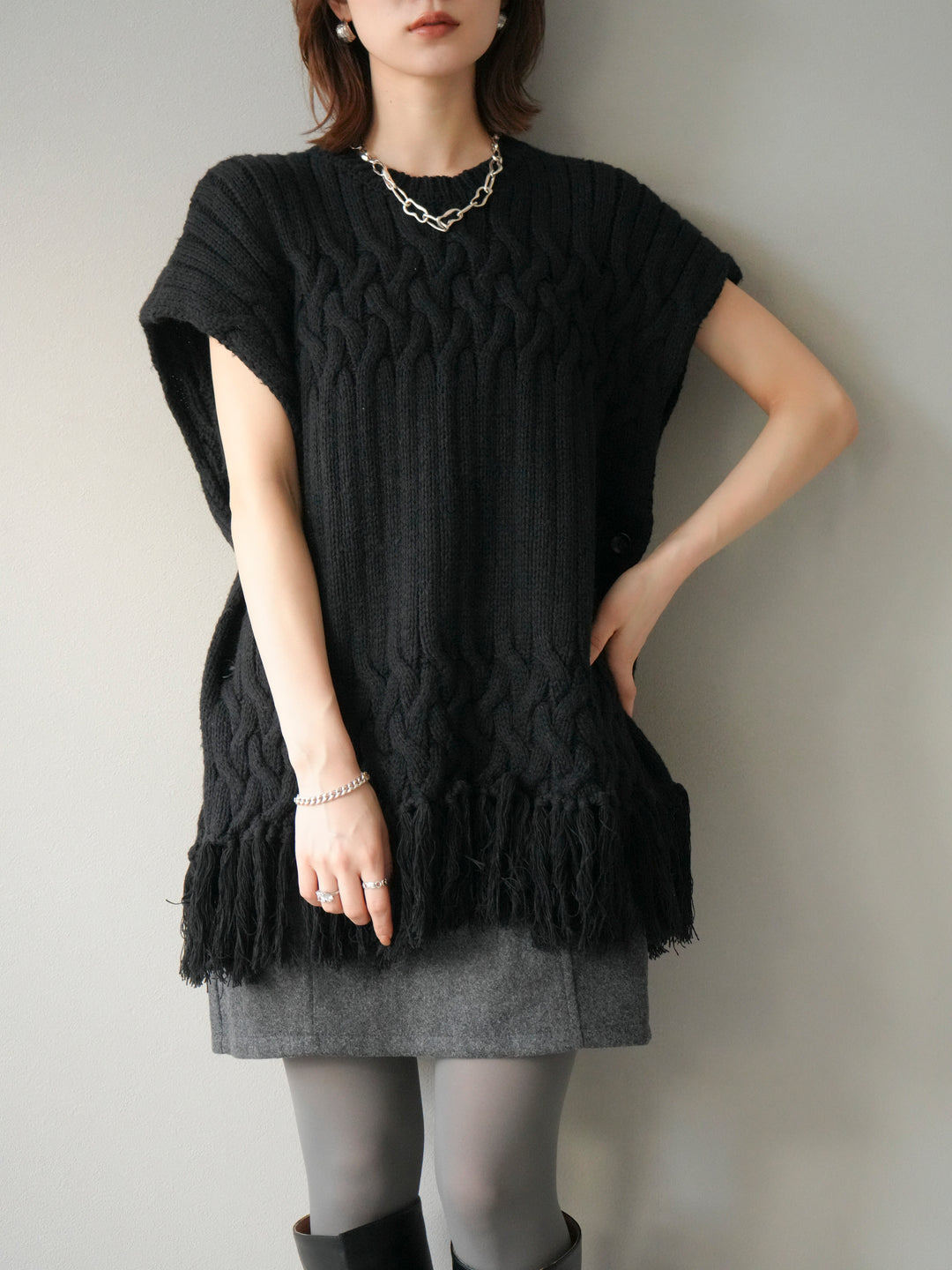 [予約]ケーブルニットフリンジベスト/ブラック
