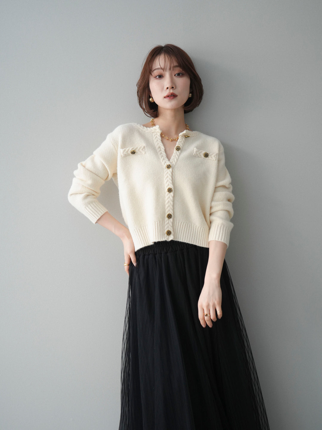 [SET]編みこみアンティークボタンニットカーディガン+チュールストライプボリュームスカート(2set)