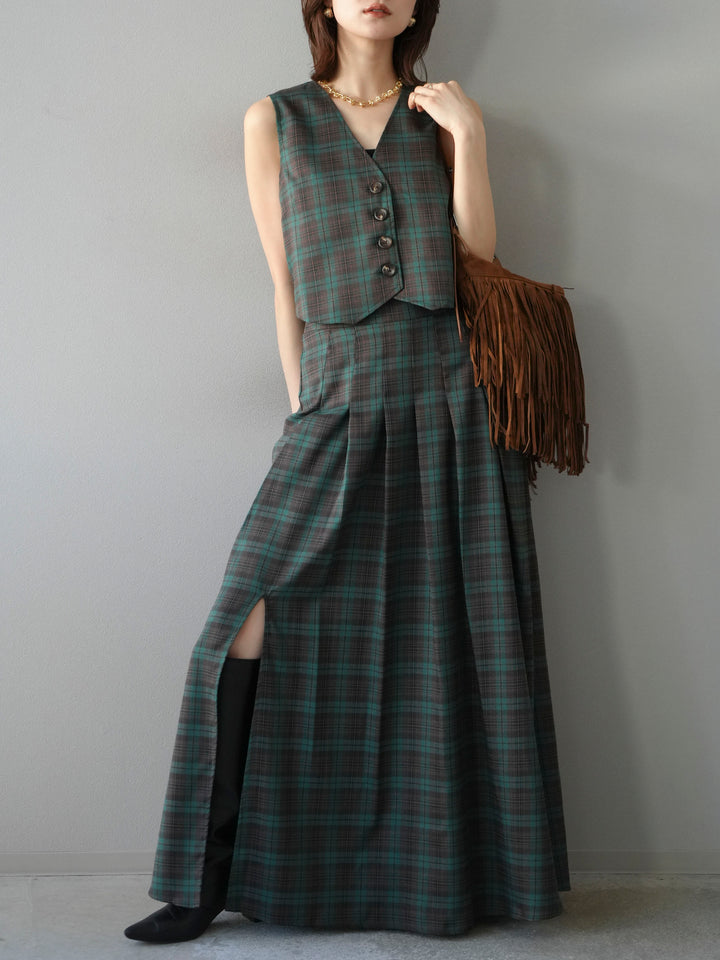 [予約]チェック柄ベスト/グリーン