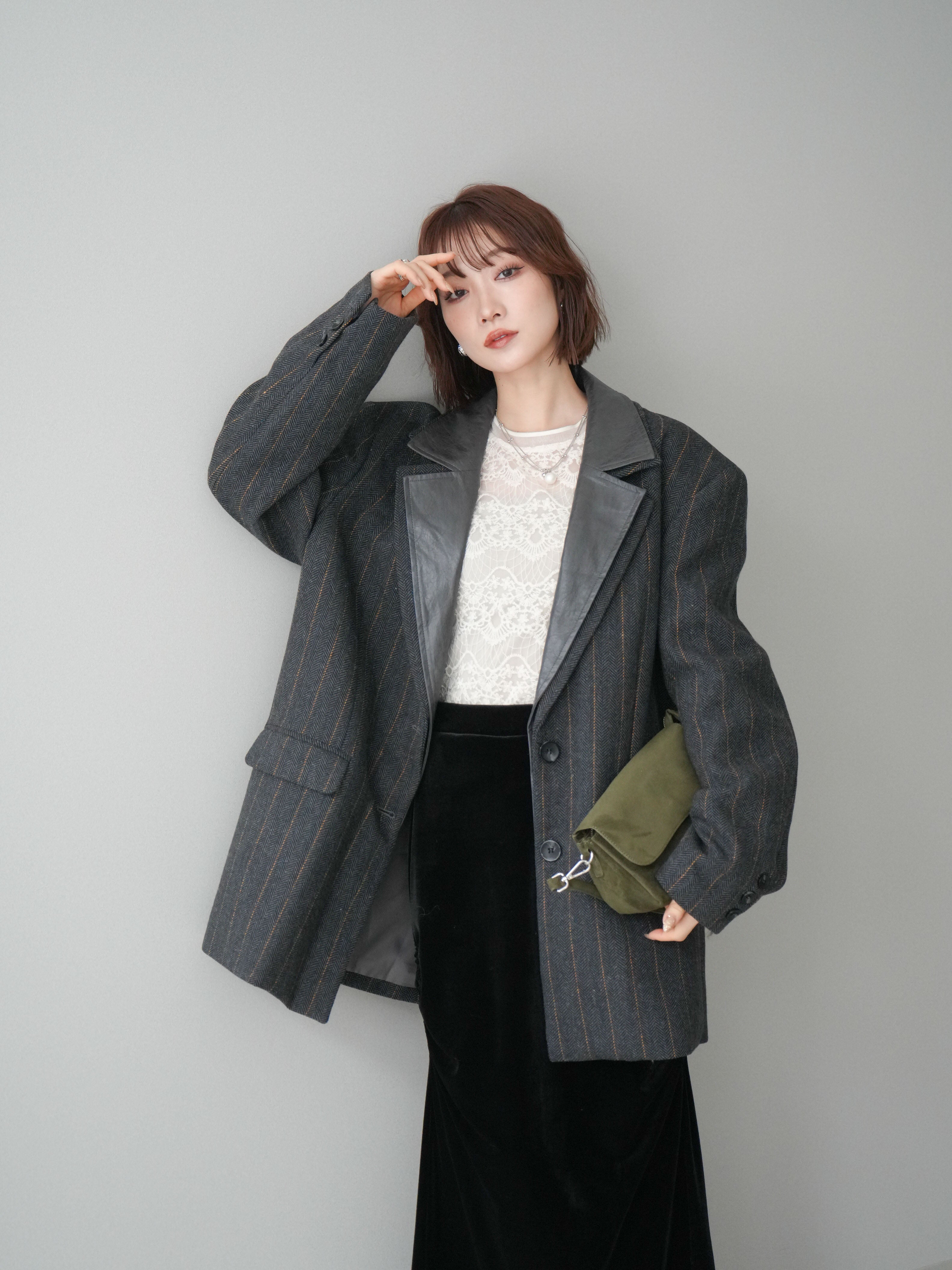 SET]レイヤードデザインツイードテーラードジャケット+チュールレース