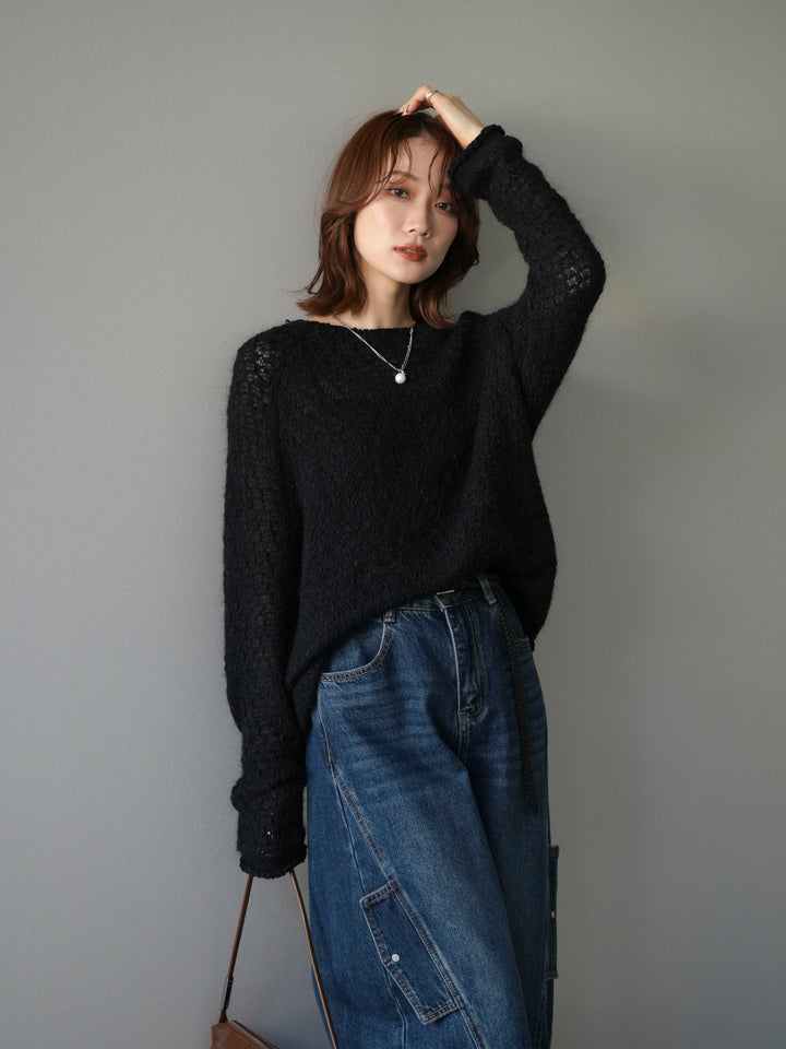 [予約]透かし編みモヘアタッチポコポコニットプルオーバー/black