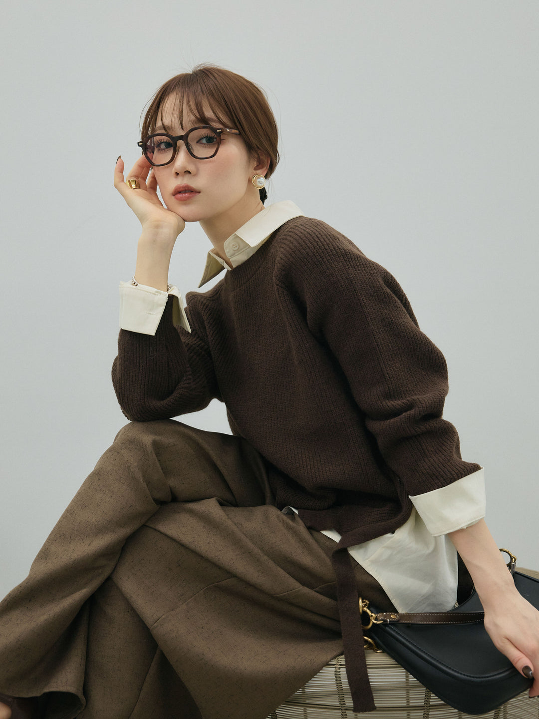 [予約]サイドスリット畦編みニットプルオーバーシャツアンサンブル/brown