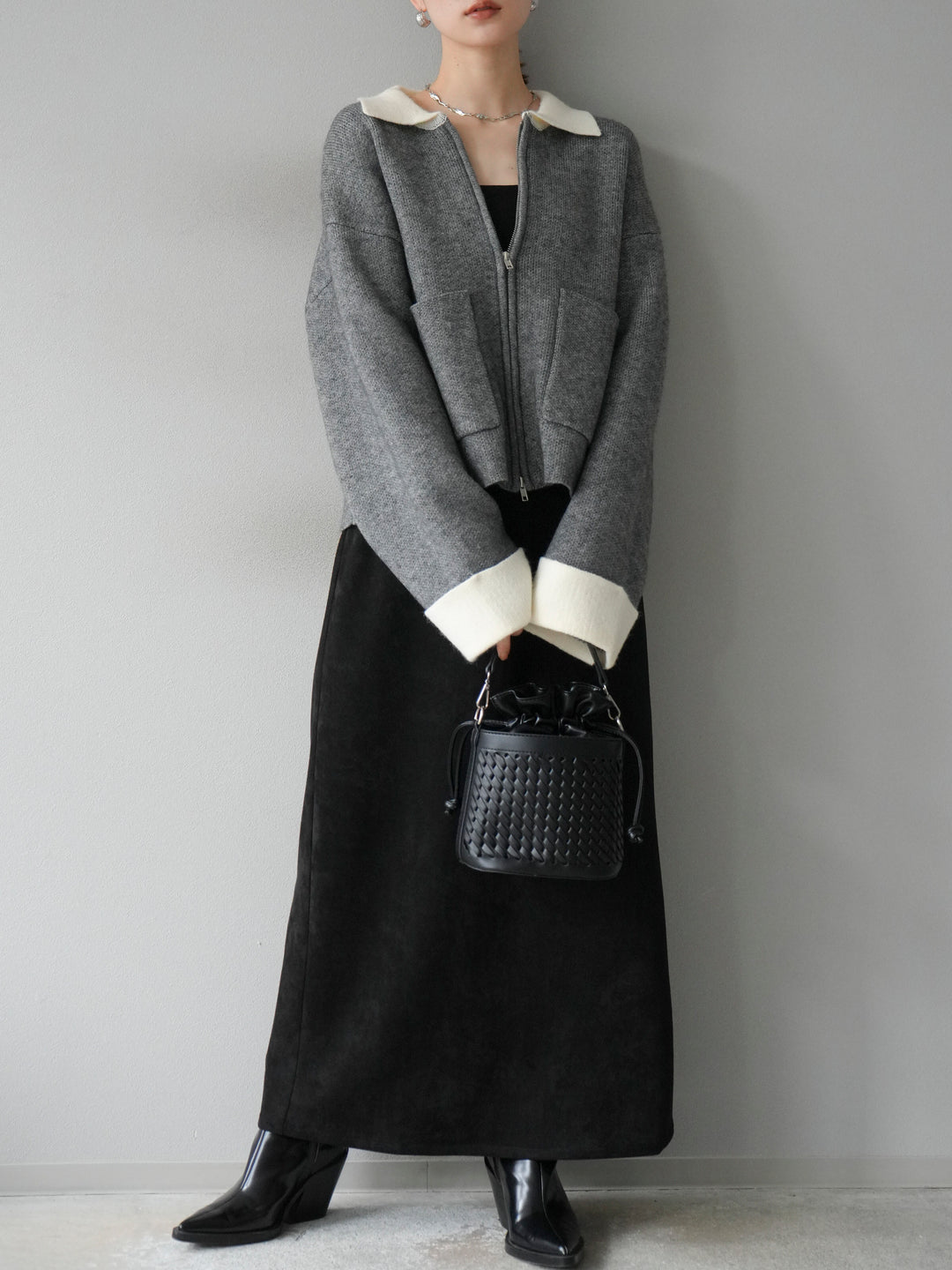 [予約]ポロ襟ジップニットカーディガン/チャコール