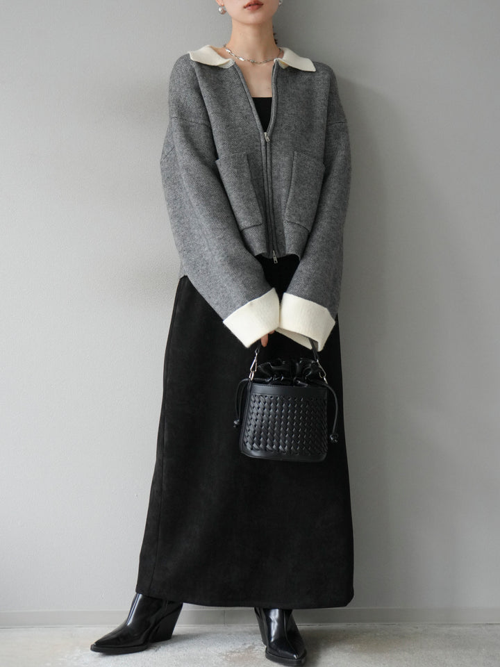 [予約]ポロ襟ジップニットカーディガン/チャコール