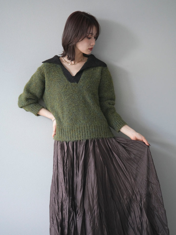 [予約]バイカラー襟付きニットプルオーバー/green