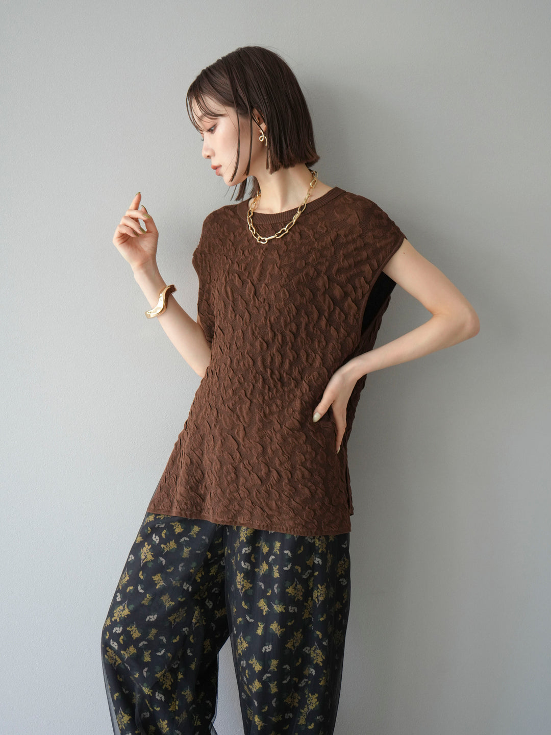 [SET]ポコポコノースリーブニットプルオーバー+コード刺繍チュールレイヤードパンツ(2set)