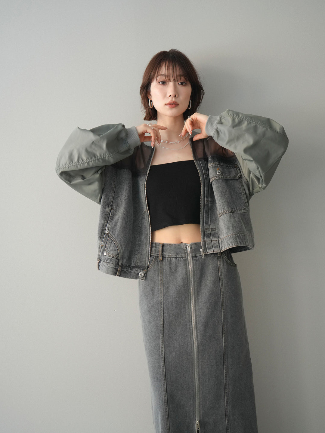 [SET]異素材デニムブルゾン+フロントジップデニムスカート(2set)