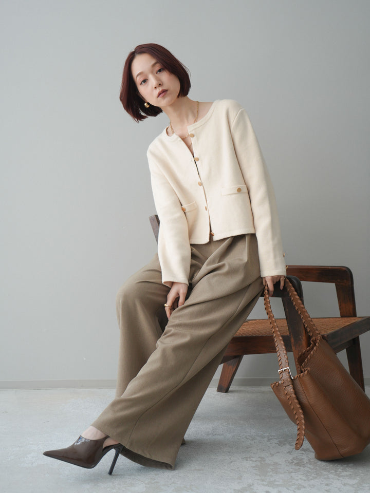 [SET]ゴールドボタンノーカラーニットジャケット+サテンベルトタックワイドパンツ(2set)