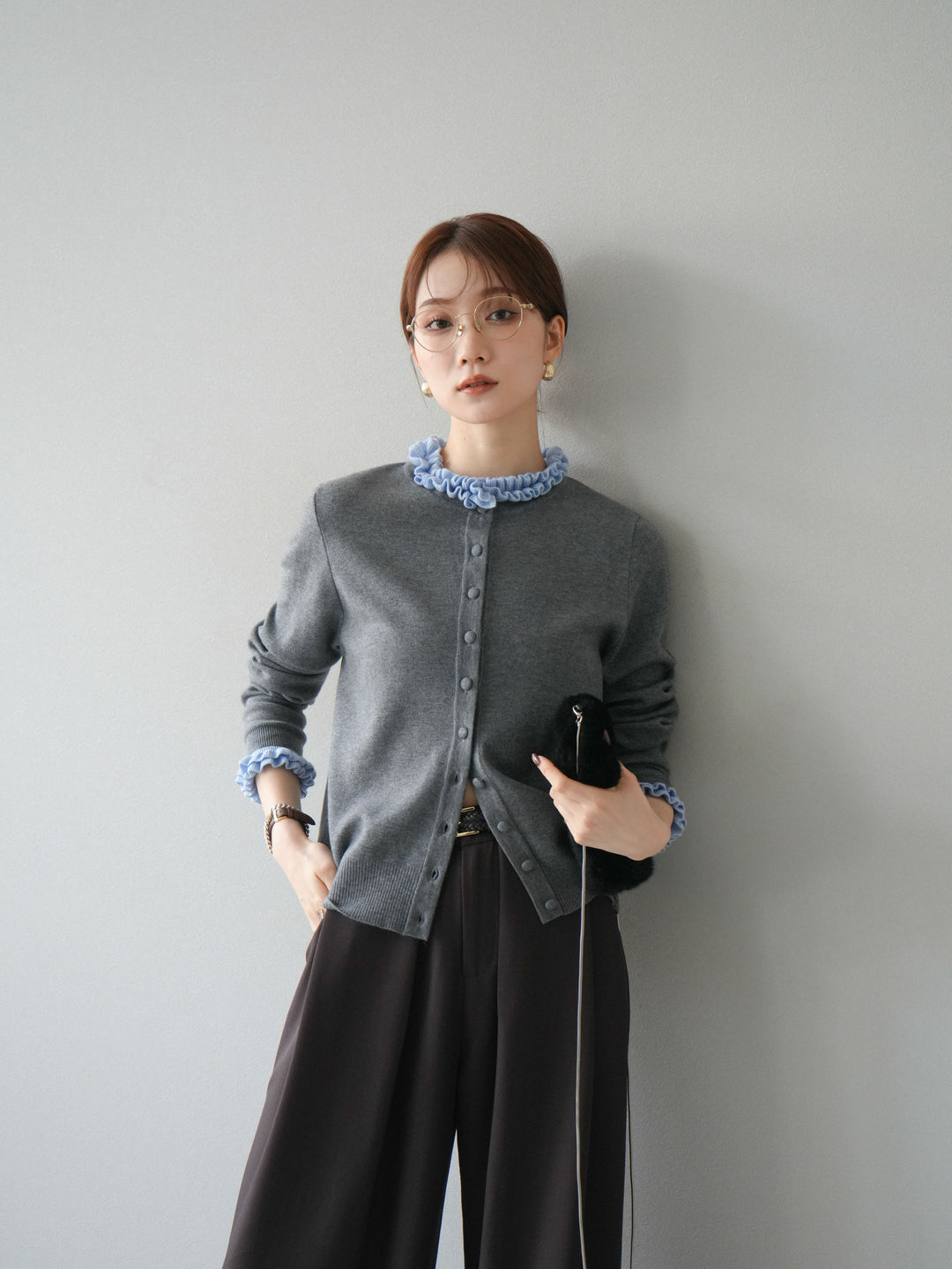 [予約]フリルデザインコンパクトニットカーディガン/グレー
