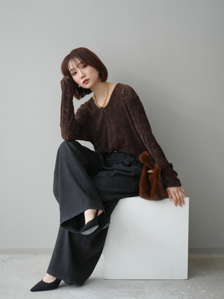 [予約]モール透かし編みニットトップス/brown