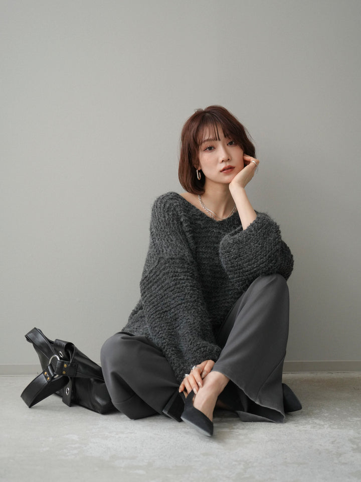 [予約]ワッフル編みシャギーニットプルオーバー/gray