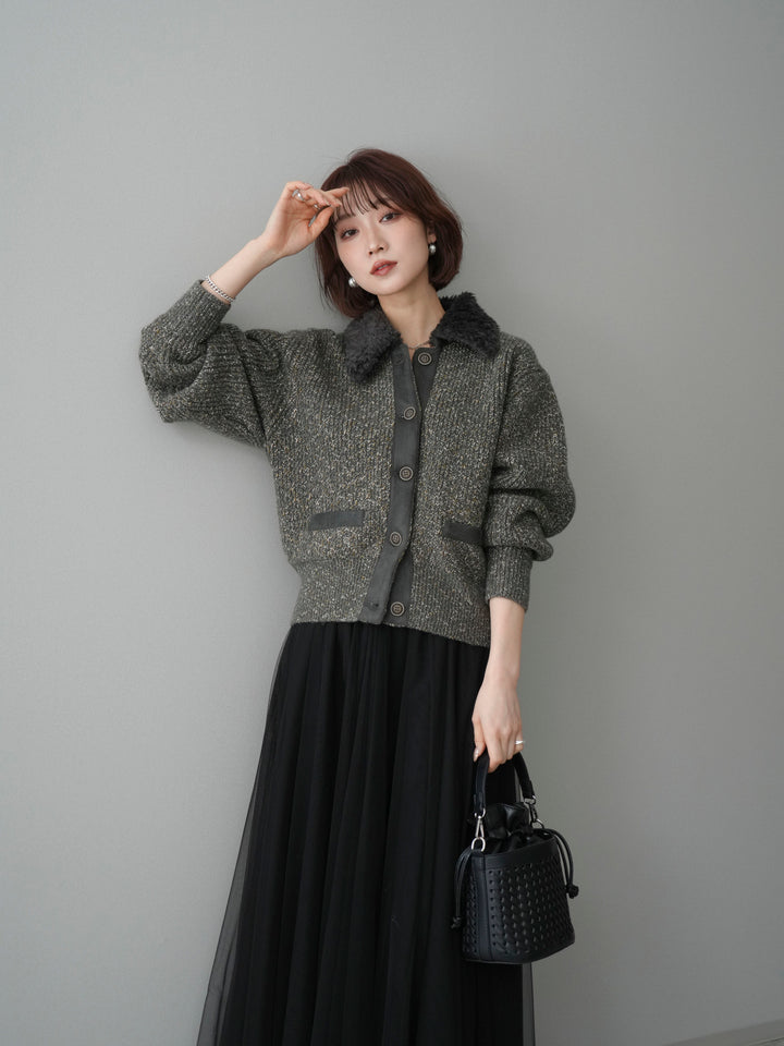 [予約]襟ボアミックスヤーンニットカーディガン/gray