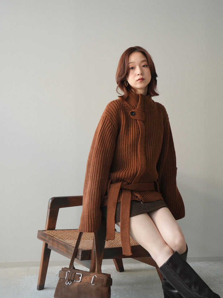 [SET]畦編みボトルネックZIPニットカーディガン+ウールタッチベルト付ミニスカート(2set)