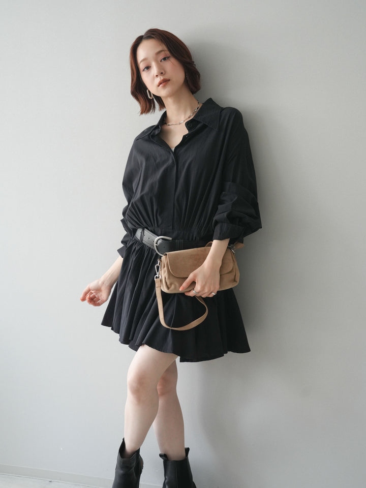 [予約]ベルト付フレアシャツミニワンピース/black