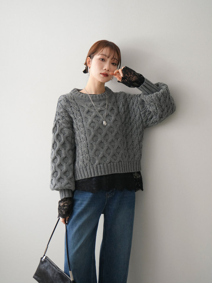 [SET]バルキーケーブルクロップドニットプルオーバー+チュールレーストップス+裏起毛裾フリンジワイドデニムパンツ(3set)