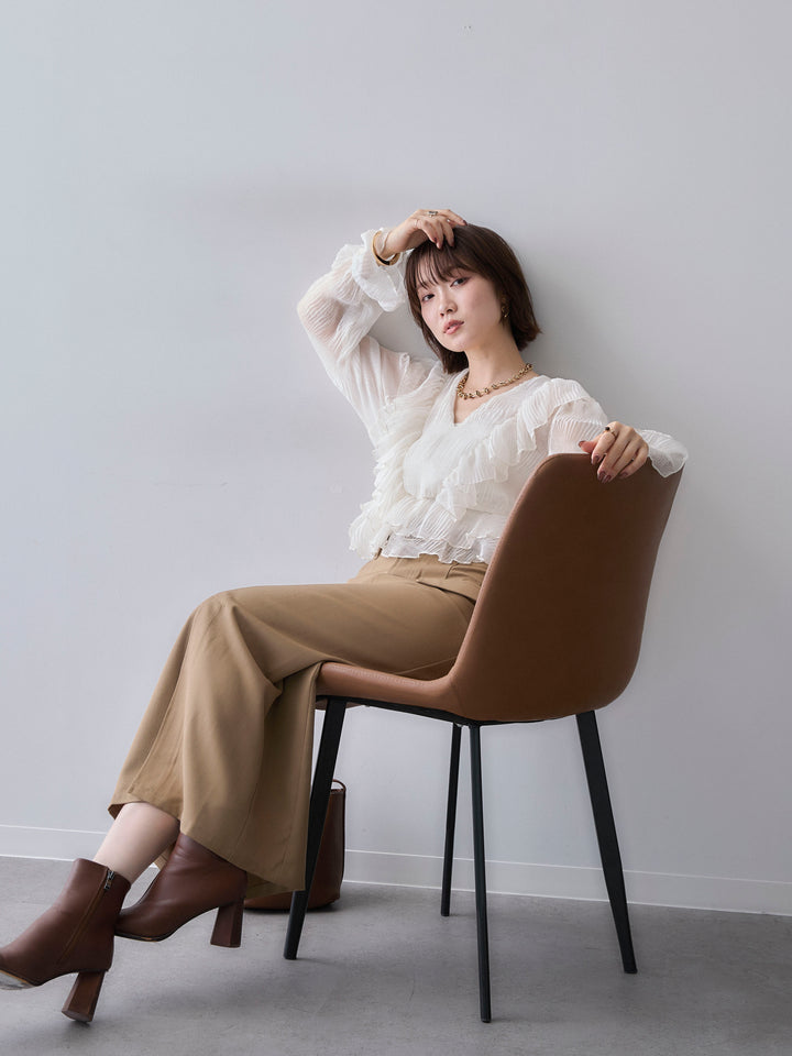 [SET]シアーフリルペプラムブラウス+クレープデシンフラップ付きストレートスカート(2set)