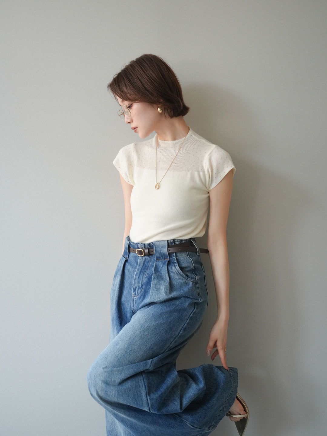 [SET]ビジューシアーフレンチニット+選べるアクセセット(2set)