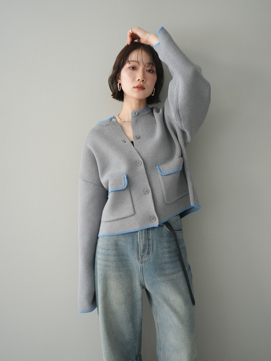 [SET]ポリエステル配色ニットカーディガン+ポリエステル配色ニットカーディガン(2set)