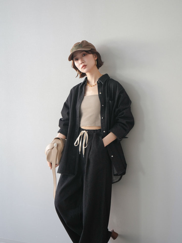 [SET]ポイントレザーオーバーデニムシャツ+ドロストワイドデニムパンツ(2set)